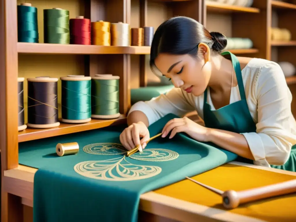 Un hábil artesano crea patrones en tela con herramientas tradicionales, en un ambiente cálido y nostálgico