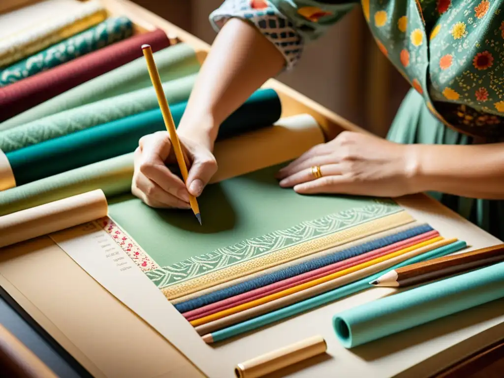 Un hábil artesano crea patrones intrincados a mano en su estudio cálido, rodeado de telas y libros vintage