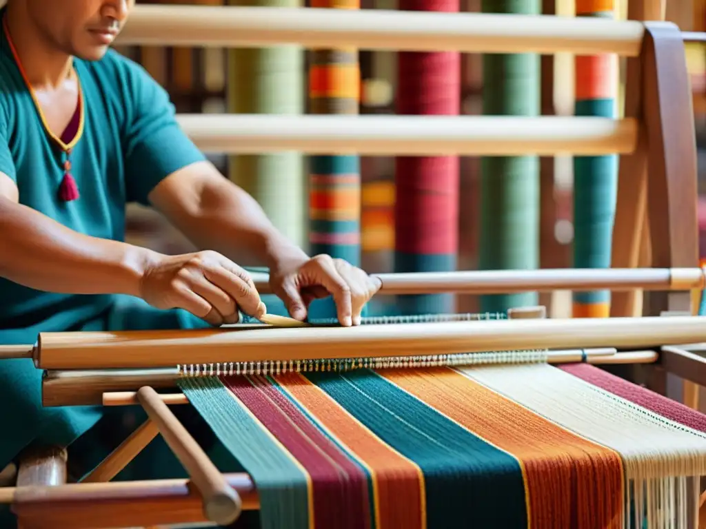 Un hábil artesano teje patrones de kilims en Turquía, creando una obra de arte colorida y tradicional en un telar de madera