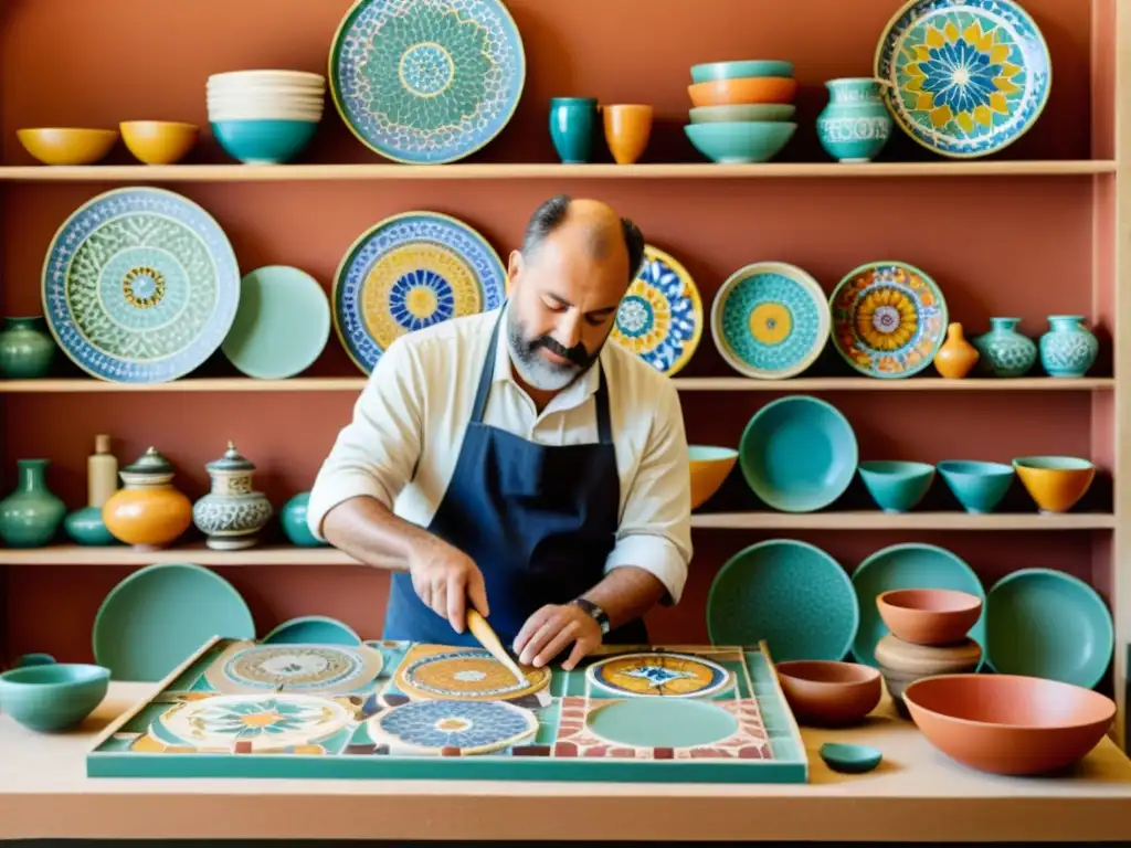 Un hábil artesano crea patrones de mosaico mediterráneo en un taller vintage, bañado por cálida luz natural