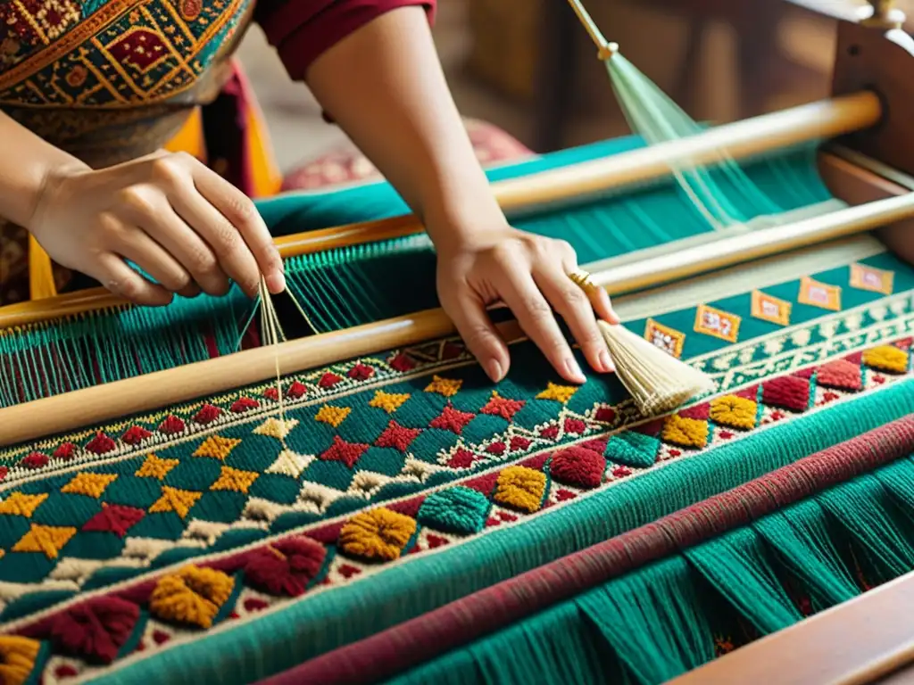 Un hábil artesano teje patrones persas en un taller acogedor con tintes vibrantes y herramientas tradicionales