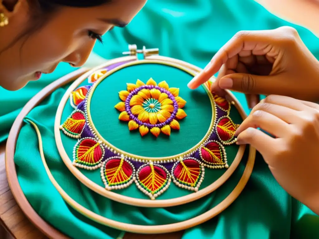 Un hábil artesano borda patrones en un sari manipuri, capturando la esencia de la confección del sari manipuri arte con maestría y elegancia atemporal