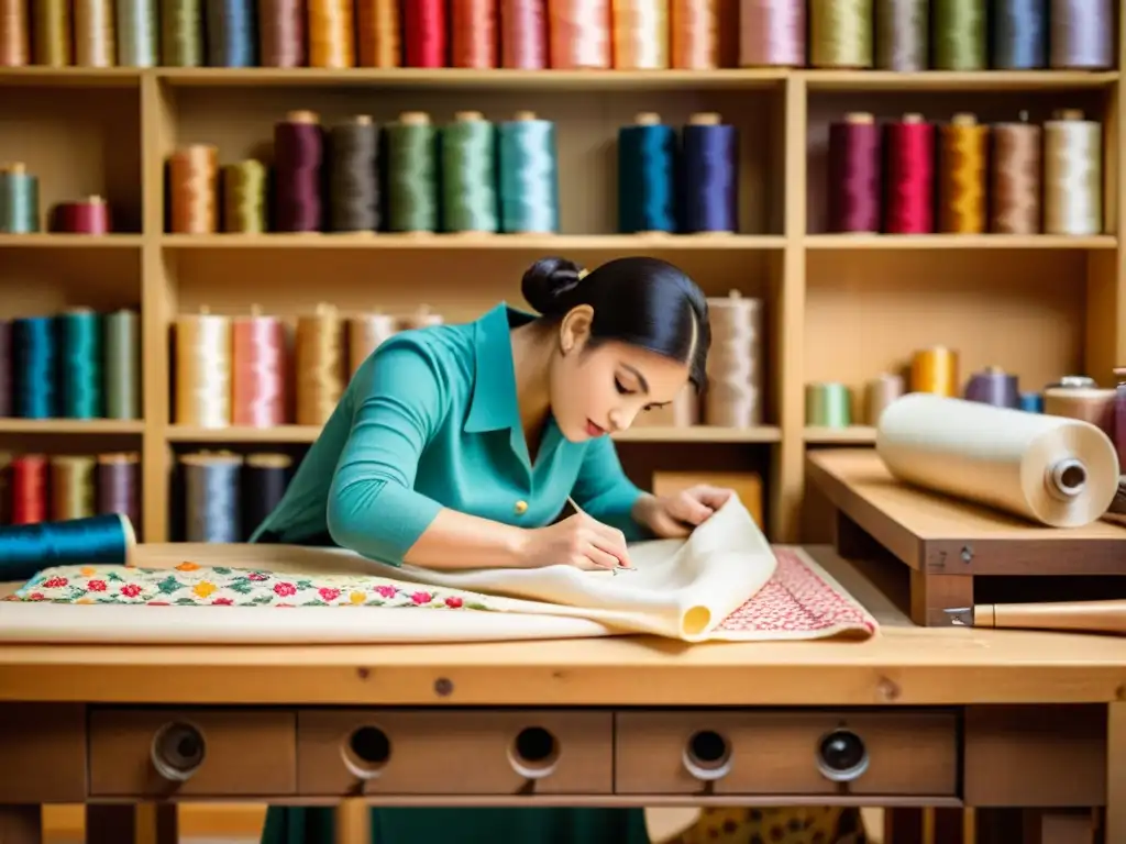 Un hábil artesano crea patrones en una tela vintage, rodeado de herramientas y libros de diseño