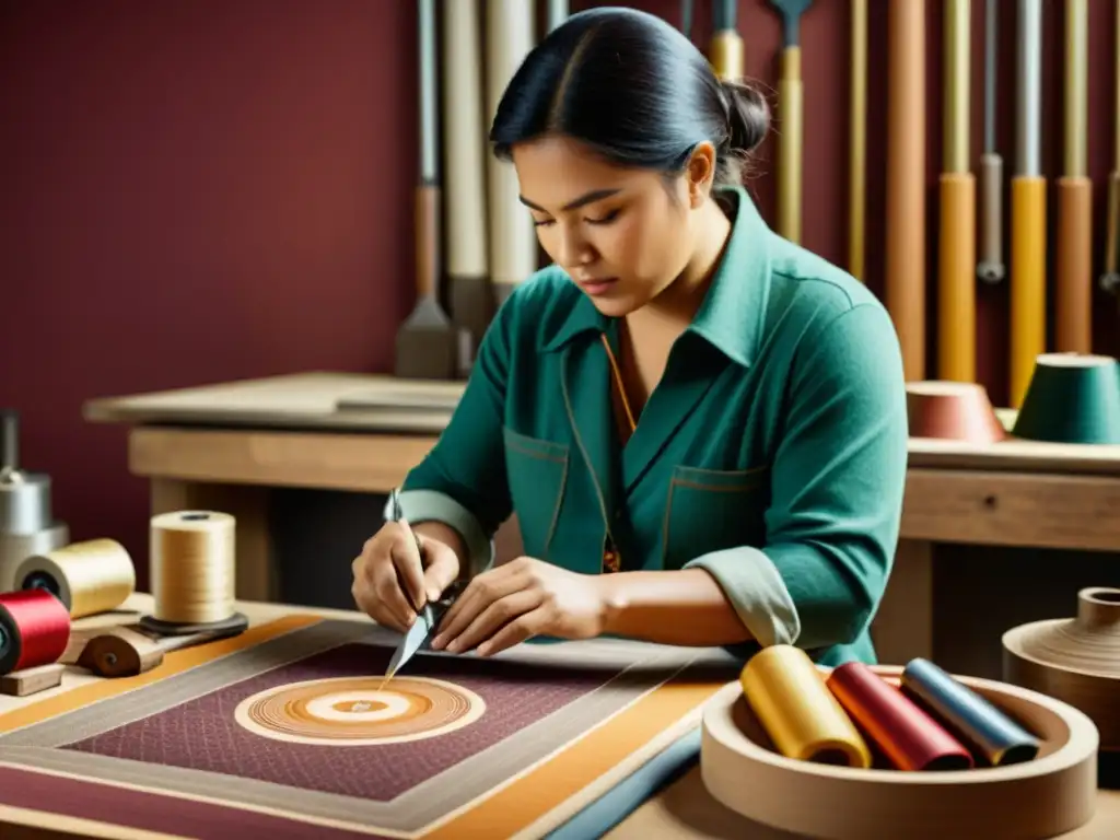 Un hábil artesano crea patrones textiles digitales con detalle y creatividad, fusionando tradición y tecnología