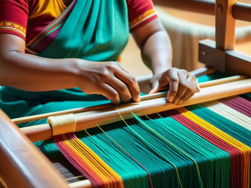 Un hábil artesano wixarika teje patrones textiles en un telar de madera