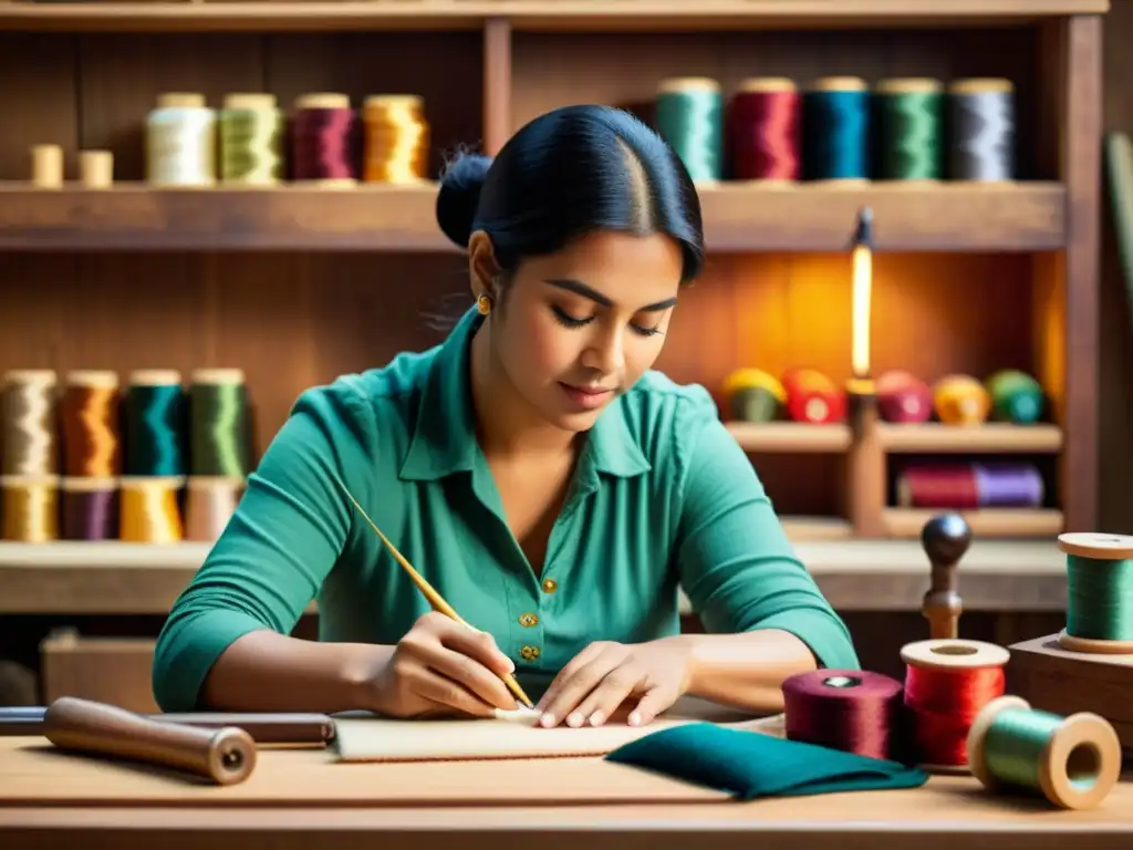 Un hábil artesano crea patrones textiles con herramientas precisas y hilos coloridos en un taller cálido y acogedor