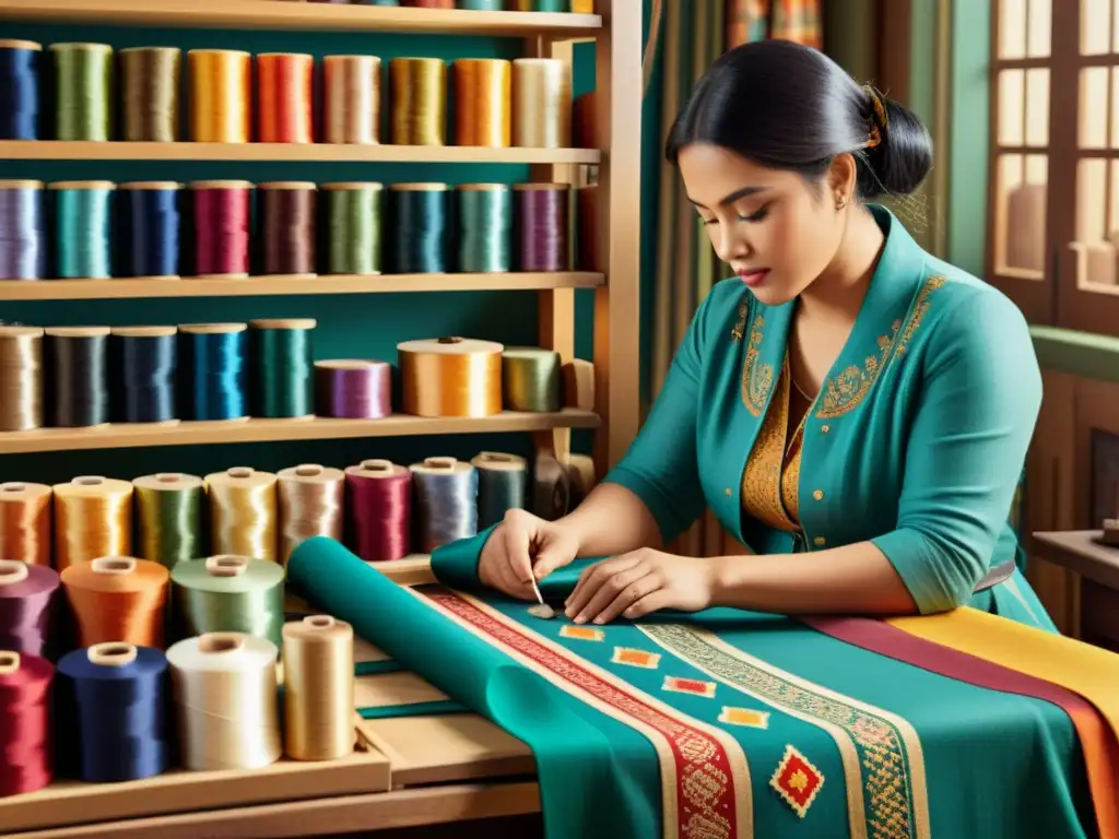 Un hábil artesano crea patrones textiles tradicionales rodeado de hilos y plantillas coloridas