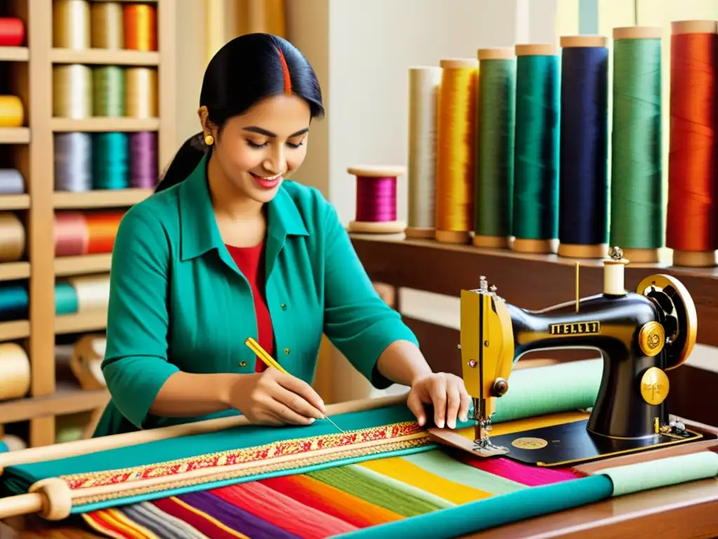 Un hábil artesano crea patrones textiles con métodos tradicionales, rodeado de hilos y plantillas coloridas