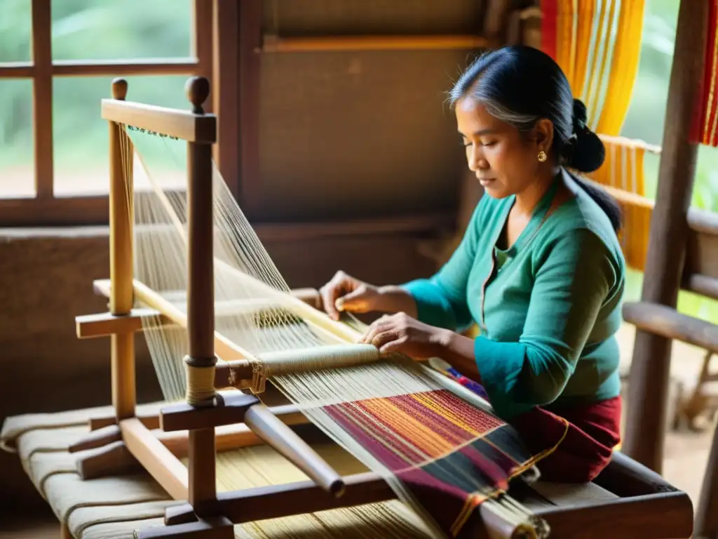 Un hábil artesano teje patrones tradicionales textiles de alta gama en un telar de madera, envuelto en luz dorada