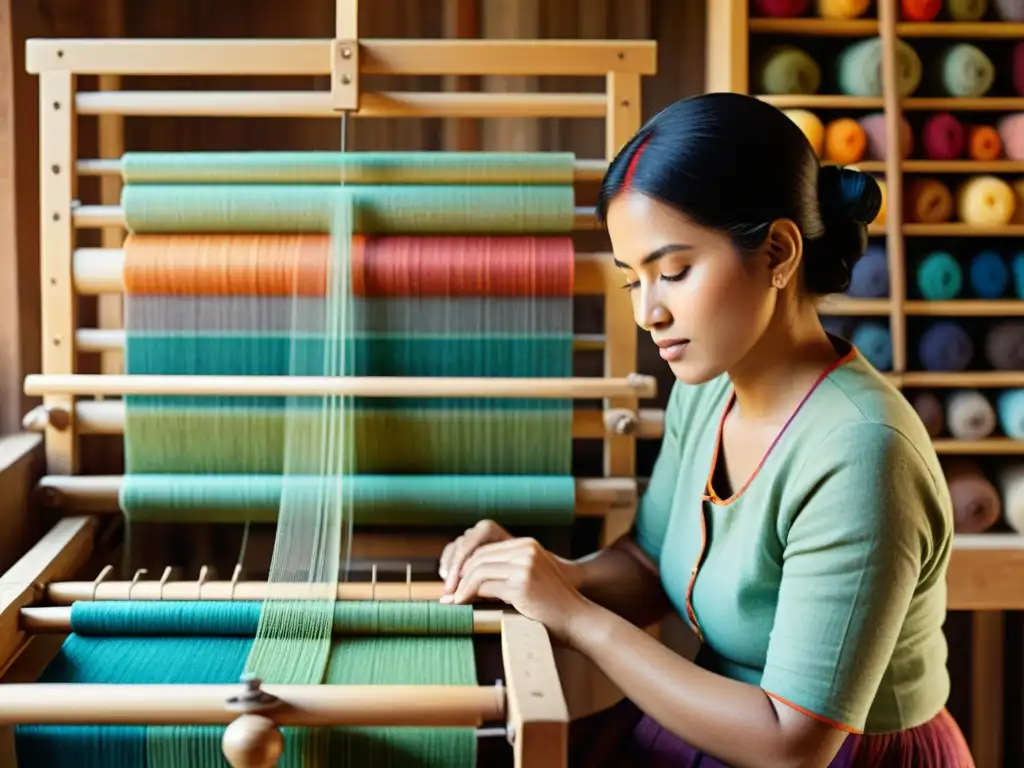 Un hábil artesano teje patrones tradicionales digitales en un telar de madera, con un ambiente cálido y nostálgico