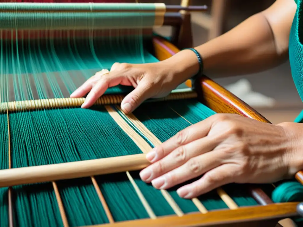 Un hábil artesano teje patrones vibrantes en un telar de madera, siendo embajador cultural a través textiles