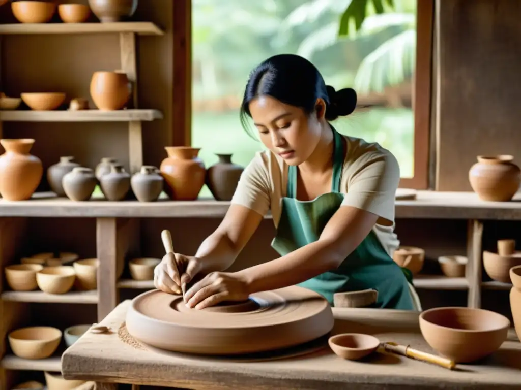 Un hábil artesano moldea una pieza de cerámica tradicional del sudeste asiático en su taller rústico, iluminado por la suave luz natural