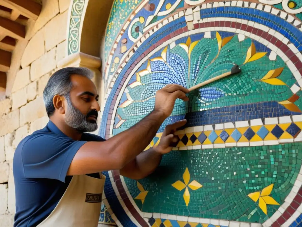 Un hábil artesano restaura con precisión un antiguo mosaico árabe, mostrando la delicadeza de preservar la herencia