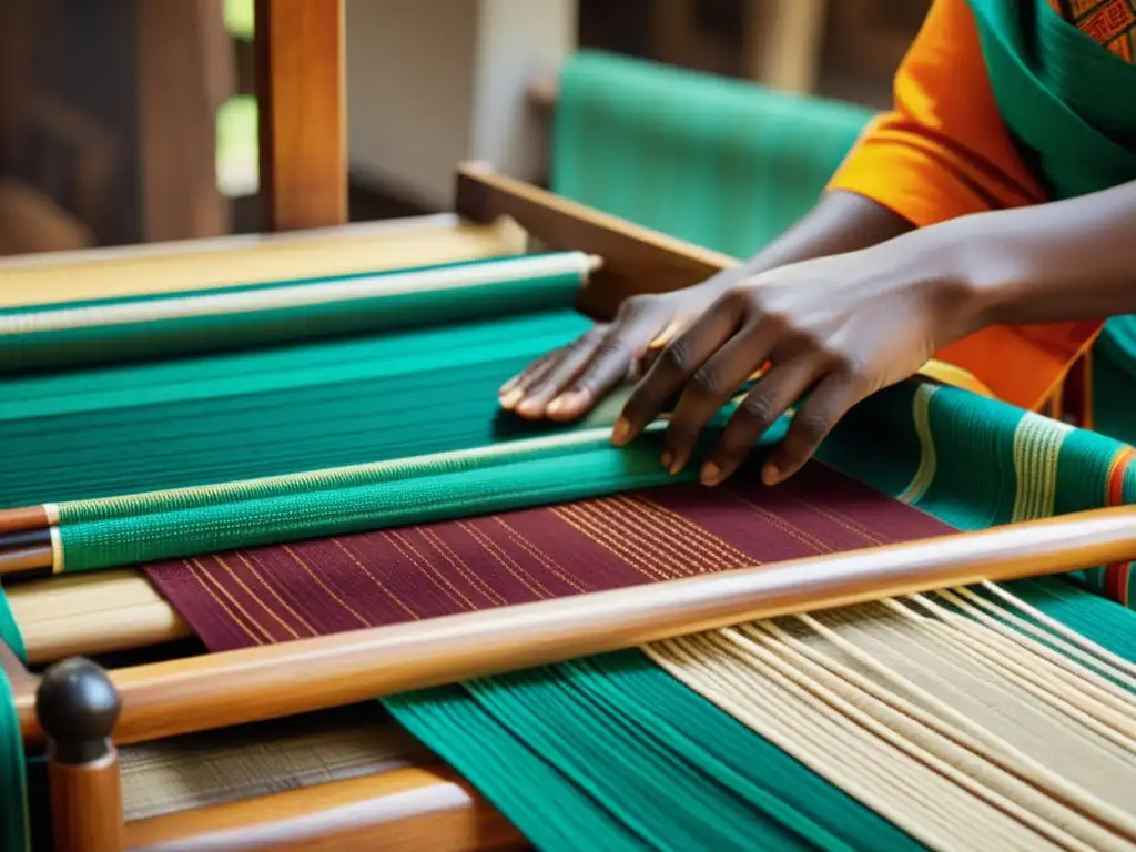 Un hábil artesano teje meticulosamente la prestigiosa tela Aso Oke en un telar de madera, evocando tradición y artesanía