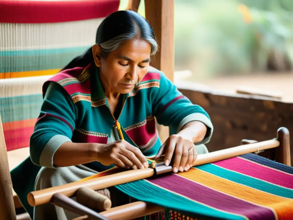 Un hábil artesano quechua teje tejidos tradicionales con un toque moderno, mostrando una fusión de técnicas antiguas y diseño contemporáneo