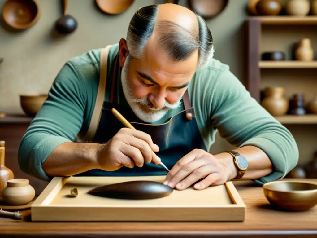 Un hábil artesano aplica un sello de autenticidad a una obra de arte, evocando tradición y calidad en acuerdos de licenciamiento de arte