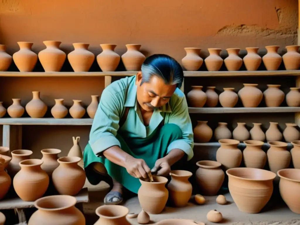 Un hábil artesano del sudeste asiático crea patrones cerámicos, rodeado de coloridas ollas de arcilla