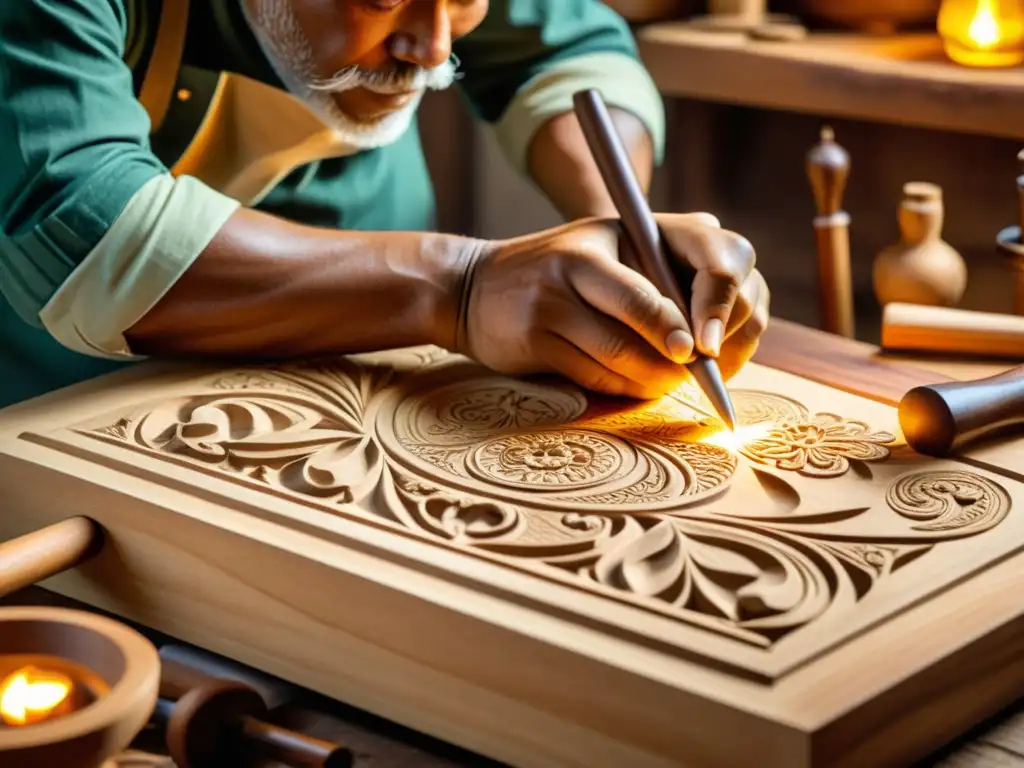 Un hábil artesano talla con precisión diseños intrincados en madera, mostrando las técnicas tradicionales de calado en madera en su taller rústico