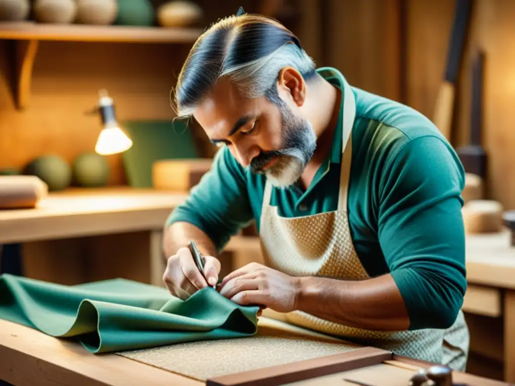 Un hábil artesano en su taller, meticulosamente creando un diseño de patrones artísticos en tela