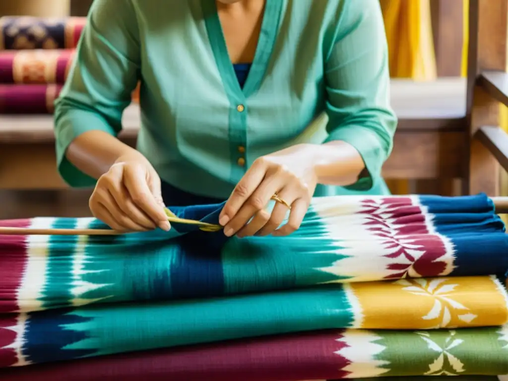 Un hábil artesano teñe meticulosamente tela con las técnicas tradicionales de Ikat y Shibori, resaltando la rica tradición del teñido artesanal