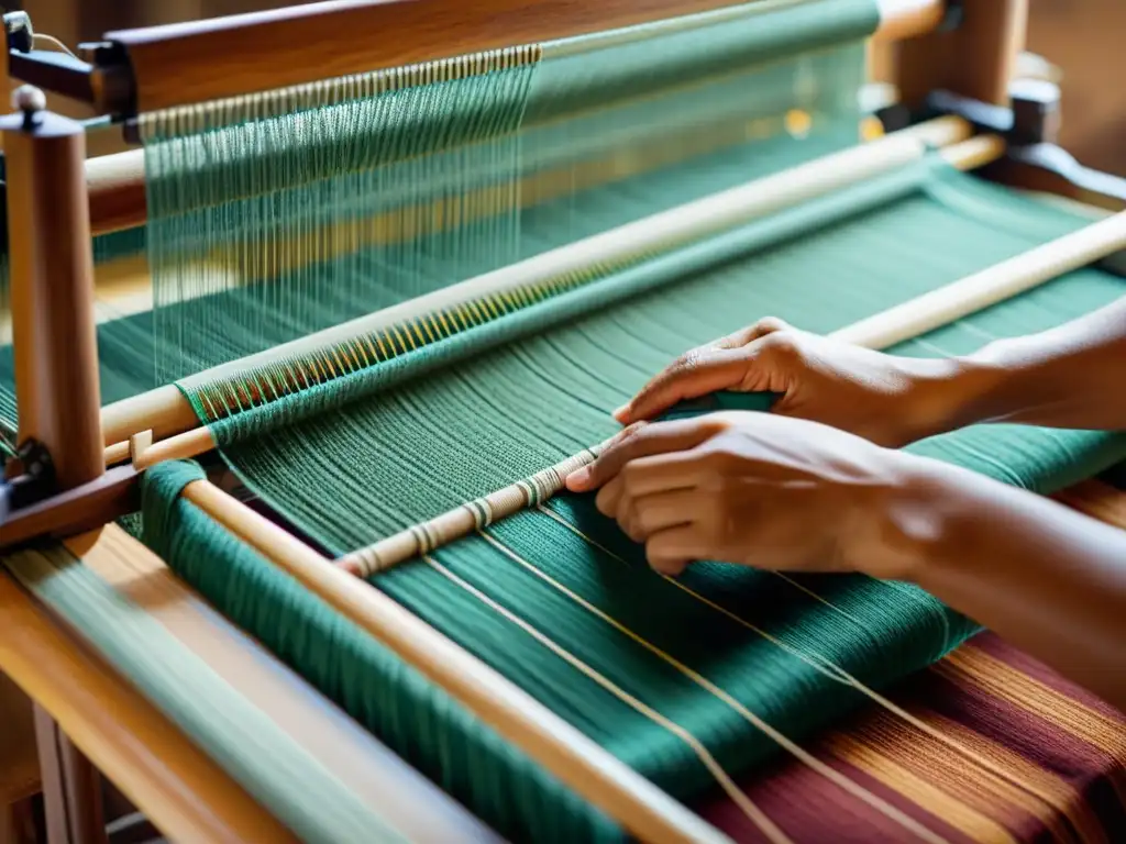 Un hábil artesano opera un telar tradicional, tejiendo patrones culturales para marca distintiva