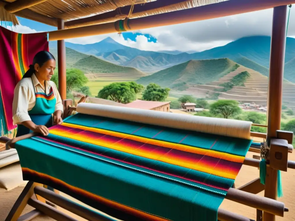 Un hábil artesano teje un telar tradicional con patrones intrincados y colores vibrantes, en el rico paisaje histórico de Oaxaca