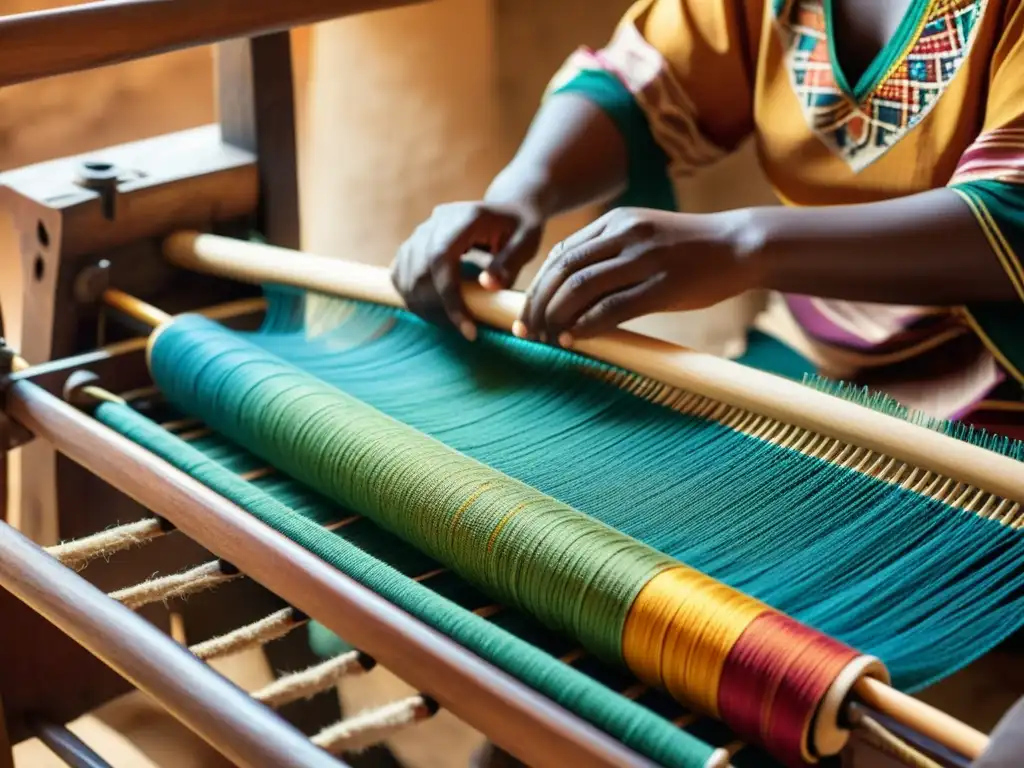 Un hábil artesano opera un telar tradicional africano, tejiendo coloridos hilos en un proceso intrincado