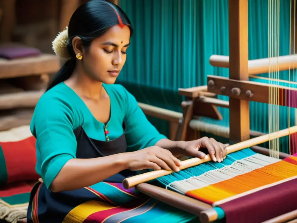 Un hábil artesano teje en telar tradicional, rodeado de textiles vibrantes e intrincados