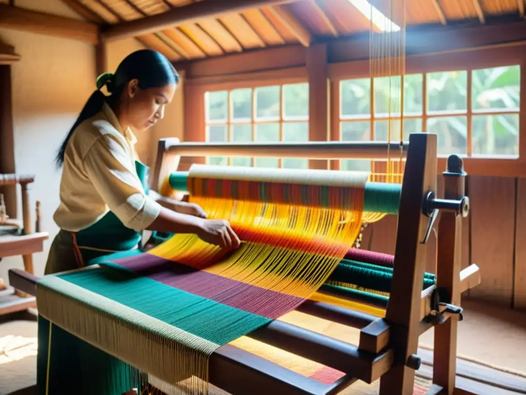 Un hábil artesano opera un telar vintage en un taller textil latinoamericano, creando innovaciones contemporáneas en tejidos