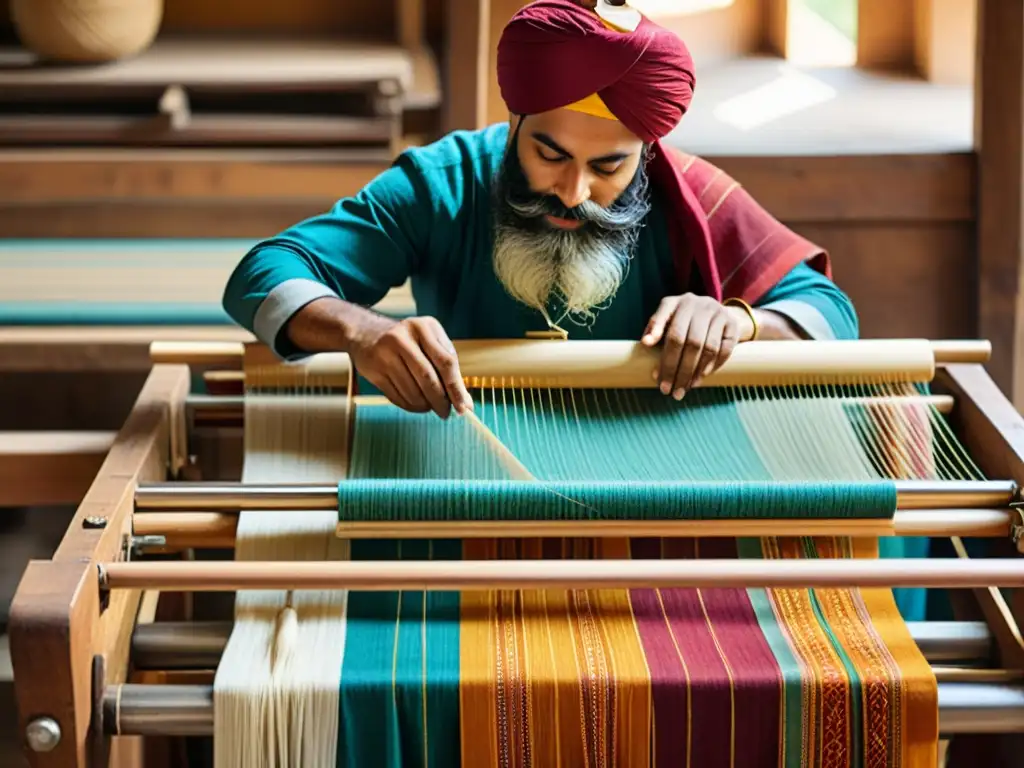 Un hábil artesano sij teje telas y patrones artísticos con maestría en un telar de madera tradicional, envuelto en la herencia cultural sij