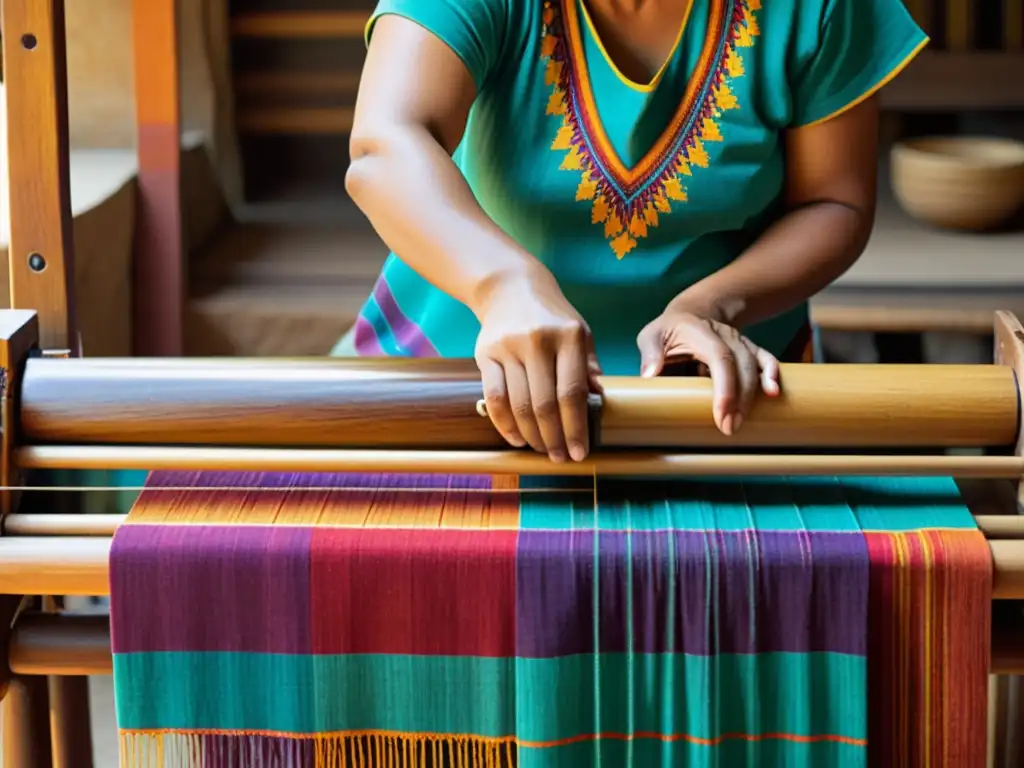 Un hábil artesano textil latinoamericano teje una colorida y detallada tela en un telar de madera