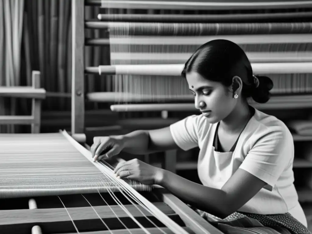 Un hábil artesano teje textiles vibrantes en un telar de mano en un taller tradicional de la India