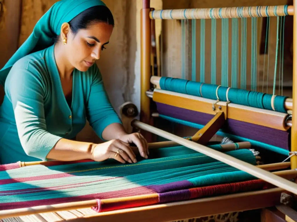 Artesano tejedor en Túnez: Tradición y destreza en la creación de textil Un hábil artesano tunecino teje con dedicación tejidos y tapices tunecinos tradicionales en un telar de madera, rodeado de hilos vibrantes y coloridos