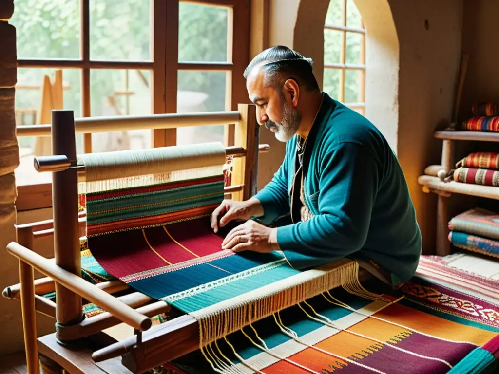 Un hábil artesano turco teje con maestría un kilim colorido, destacando la tradición y significado de las alfombras turcas