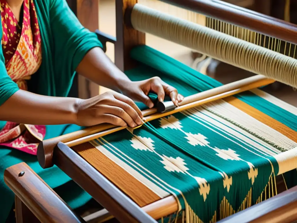 Un hábil artesano teje meticulosamente la vibrante tela ikat en un antiguo telar de madera, mostrando el arte milenario de la Ikat