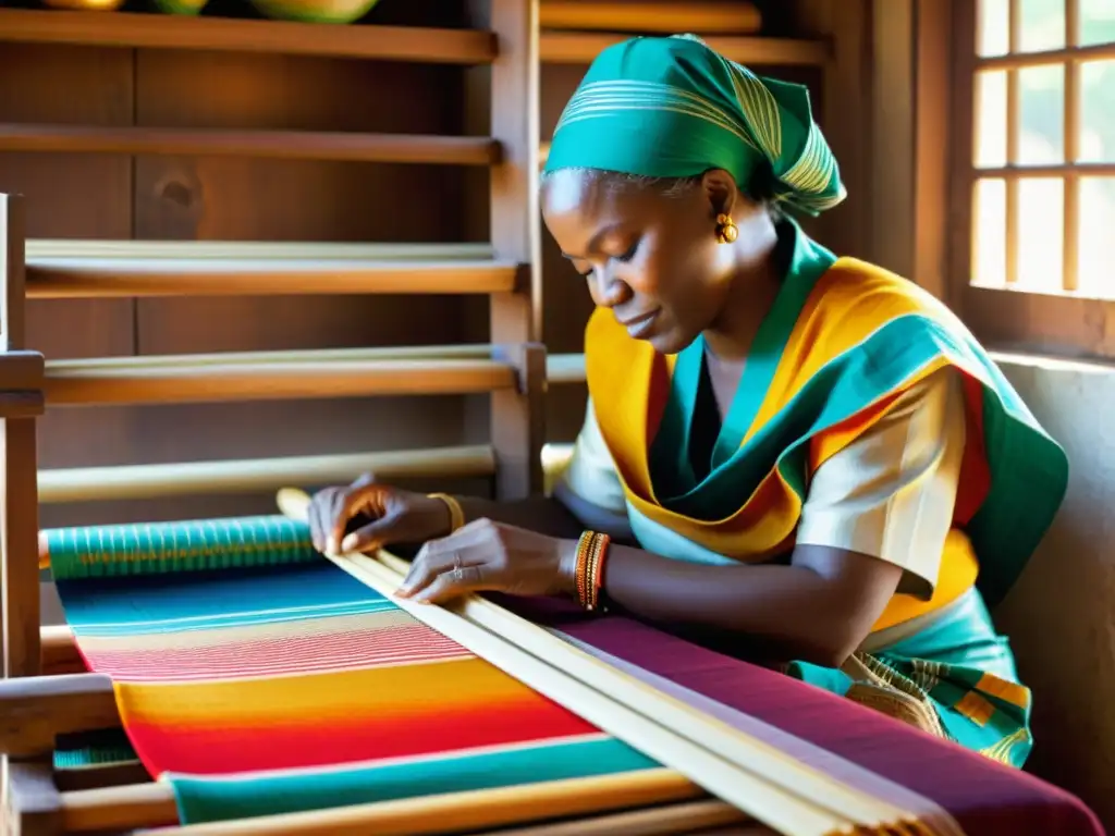 Un hábil artesano Yoruba teje con cuidado el prestigioso textil Aso Oke en un telar tradicional de madera, con hermosa joyería plateada en sus manos