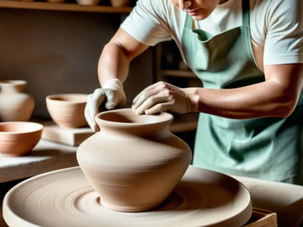 Artesano de la cerámica moldea delicado jarrón en torno Un hábil artista ceramista da forma a un delicado jarrón de arcilla en un torno, evocando la tradición artesanal