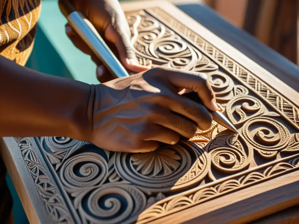 Un hábil artista indígena talla patrones en relieve en madera, destacando la tradición y destreza del arte indígena