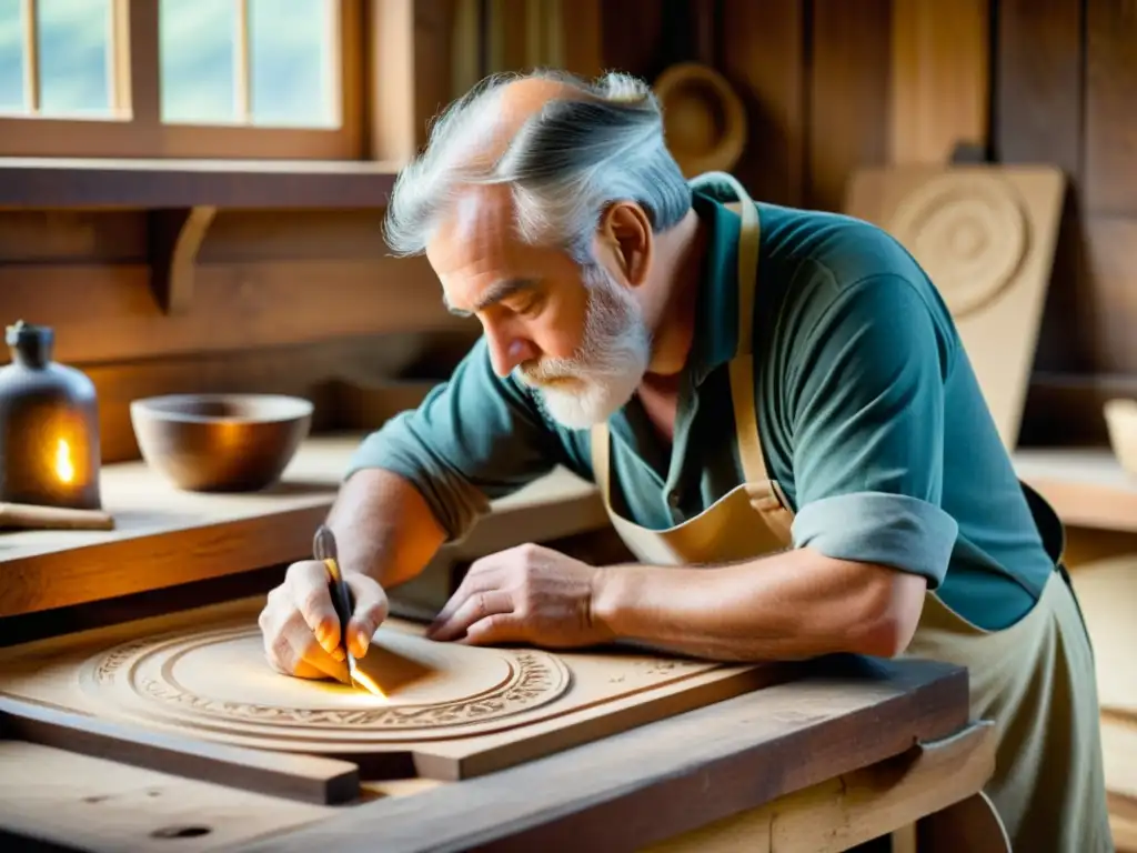 Artesanía naval: Maestro carpintero esculpe con dedicación Un hábil carpintero talla patrones artísticos en carpintería náutica, bañado por la cálida luz matutina