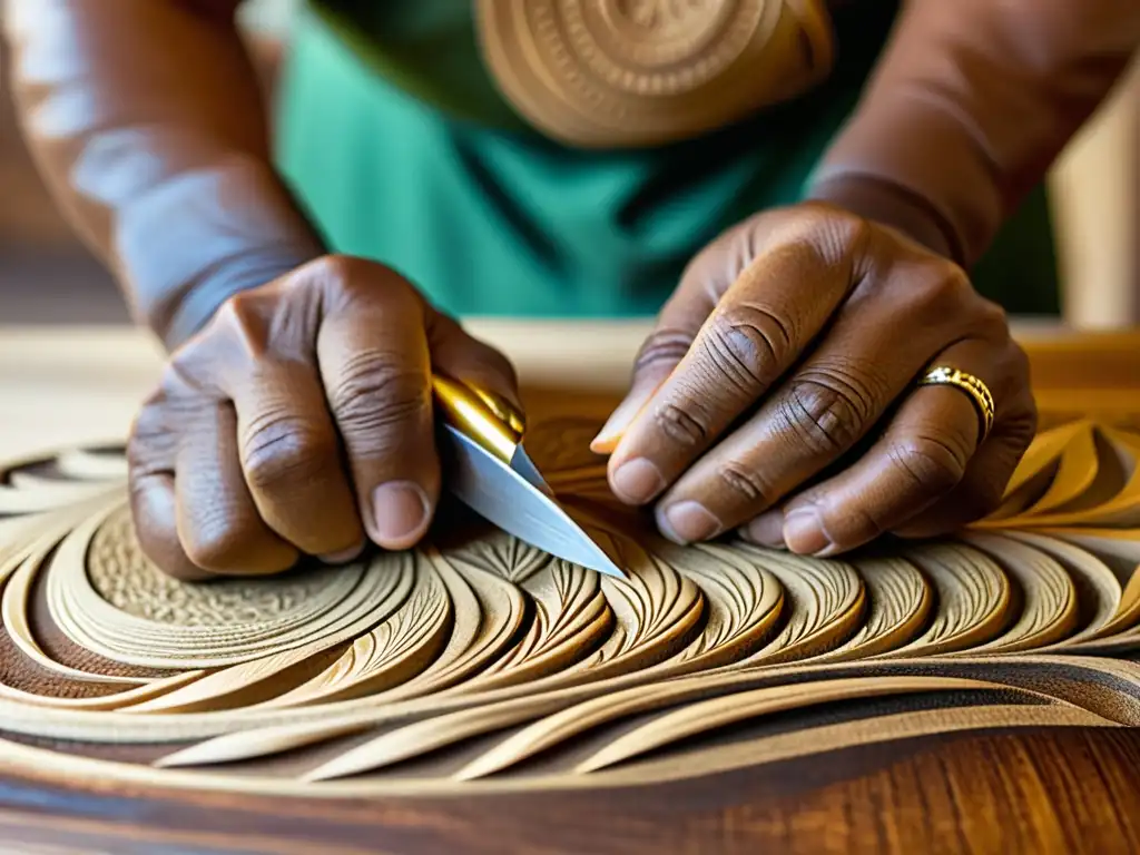 Un hábil tallador polinesio crea patrones en madera de Polinesia con destreza ancestral