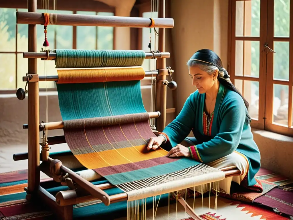 Un hábil tejedor turco crea patrones de kilims en Turquía, envuelto en tradición y artesanía