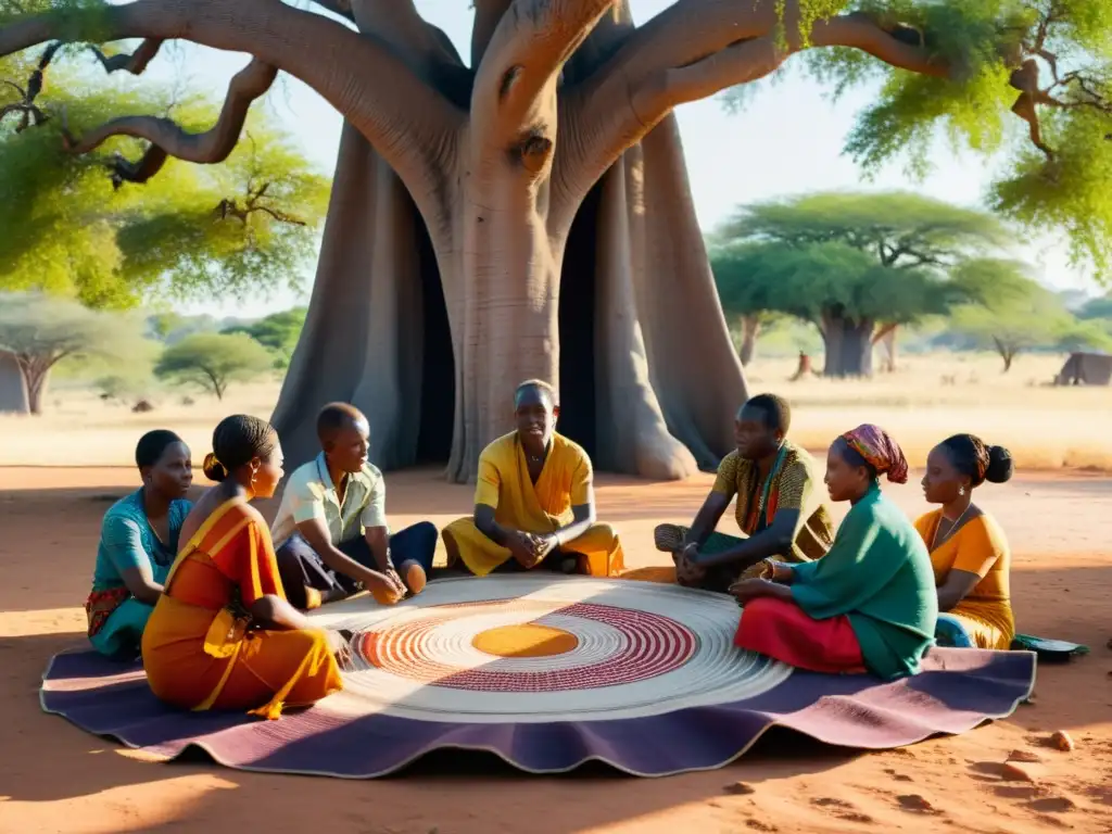 Hábiles artesanos africanos tejiendo en telares de peine fijo bajo un baobab, mostrando la rica cultura africana