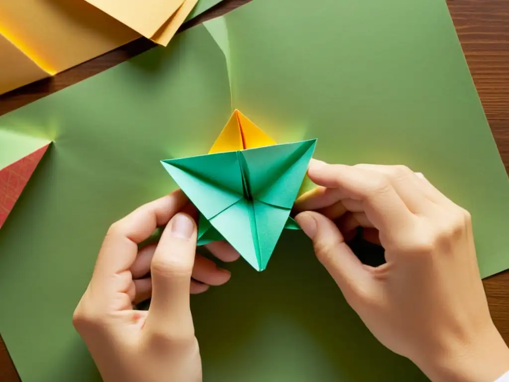 Las hábiles manos del artesano crean un intrincado diseño de origami con papel vibrante