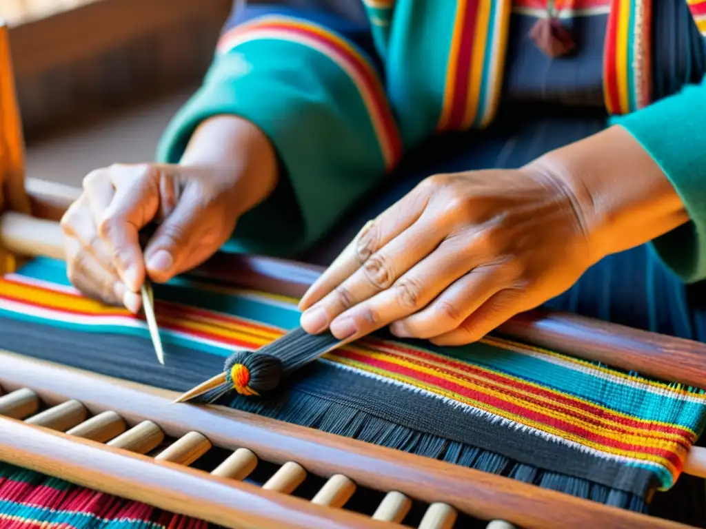 Las hábiles manos de un artesano Mapuche tejen con maestría en un telar tradicional, mostrando el arte del Telar Mapuche