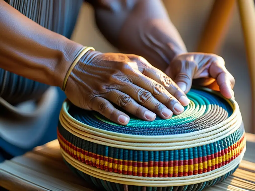 Las hábiles manos de un artesano nativo americano tejiendo con cuidado una cesta tradicional con patrones cestería nativos americanos