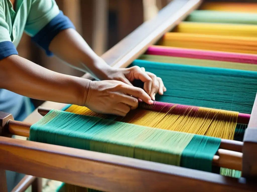 Las hábiles manos del artesano tejen patrones textiles en un telar de madera, destacando las técnicas de creación artesanales