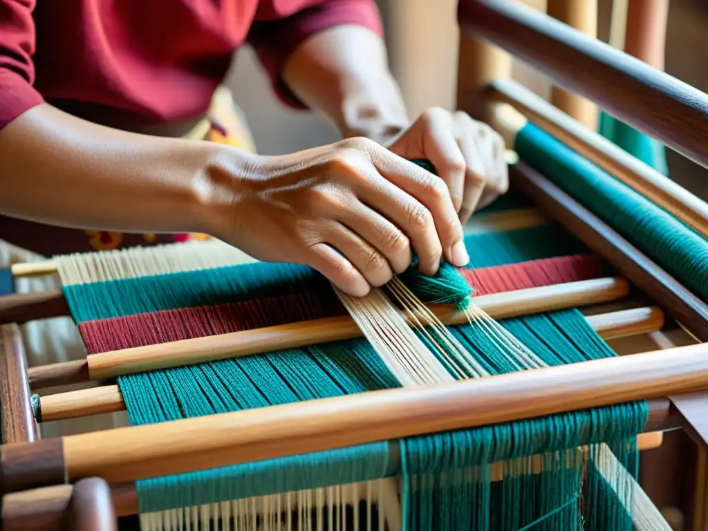 Las hábiles manos del artesano tejen patrones culturales certificados en un telar, reflejando la artesanía y la herencia cultural