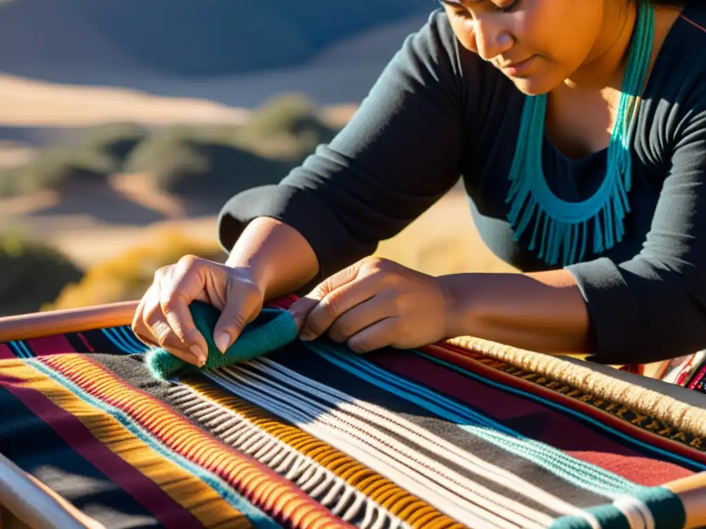 Las hábiles manos de una mujer Mapuche tejen patrones tradicionales en un vibrante textil, con la pampa dorada de fondo