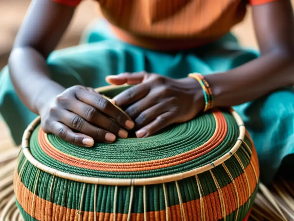 Las hábiles manos de una mujer Tutsi tejen fibras naturales, resurgimiento del tejido de cestas Tutsi con patrones vibrantes y tonos terrosos