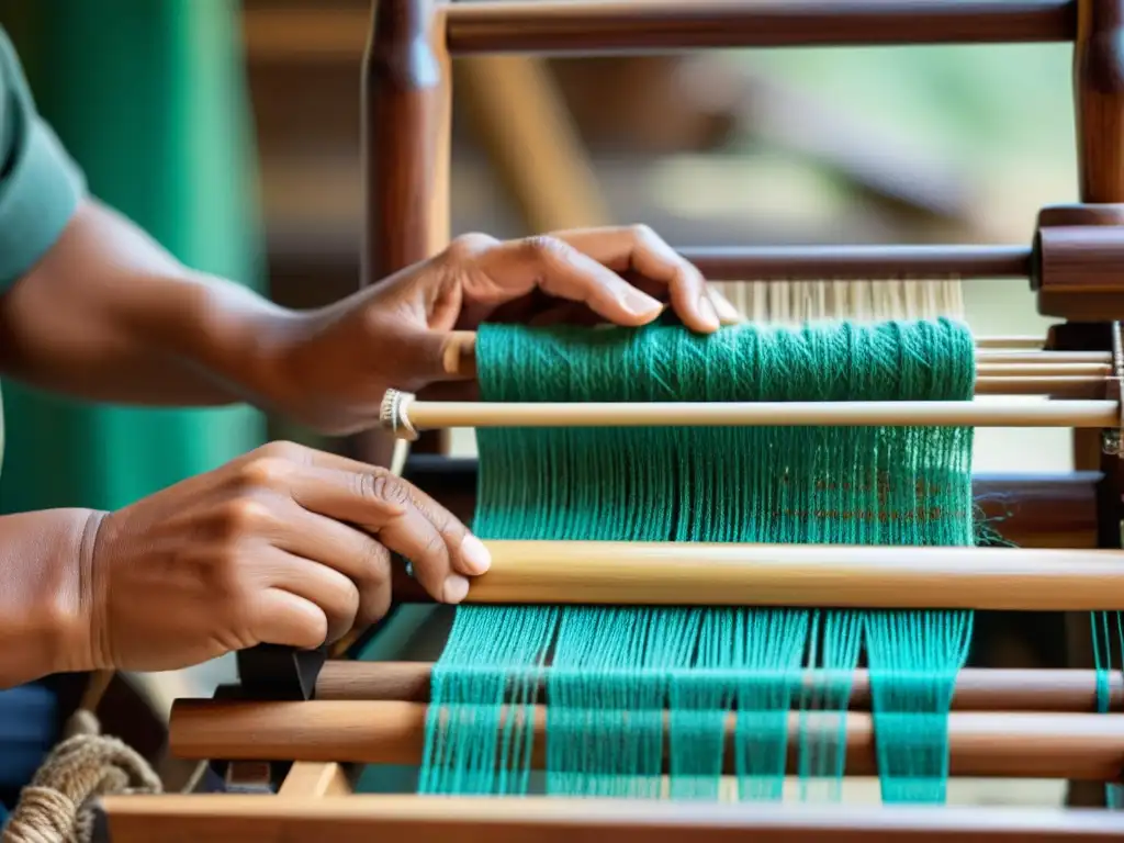 Hábiles manos tejen patrones culturales con respeto en un antiguo telar de madera, evocando tradición y herencia cultural